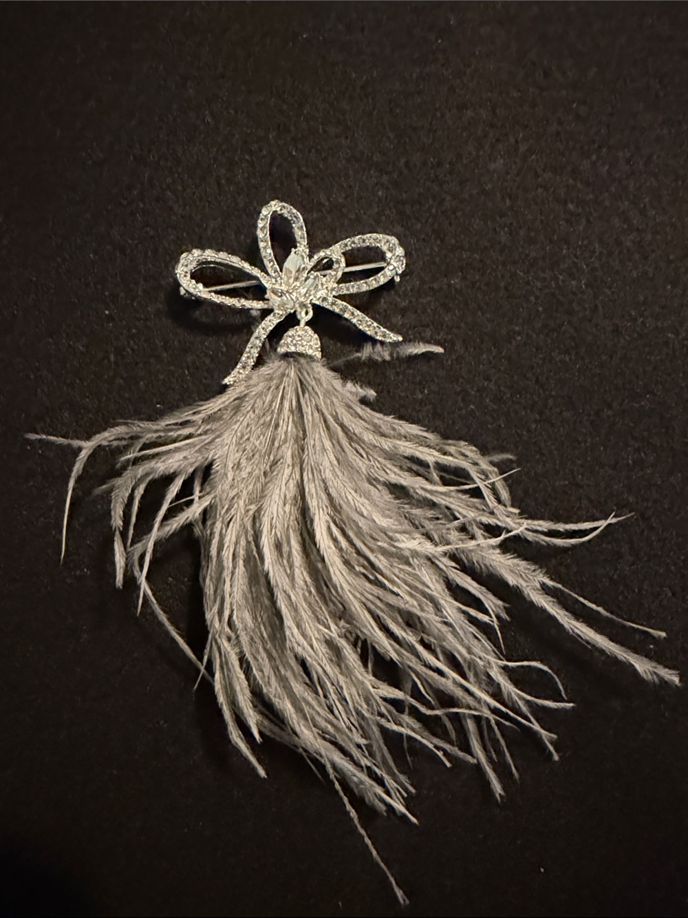 Silver Rhinestone Bow Brooch with Gray Feather Tassel
